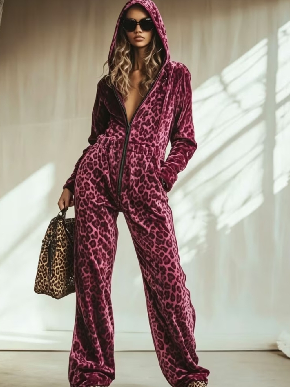 Plush Hooded Leopard-Print Jumpsuit in Burgundy Pink